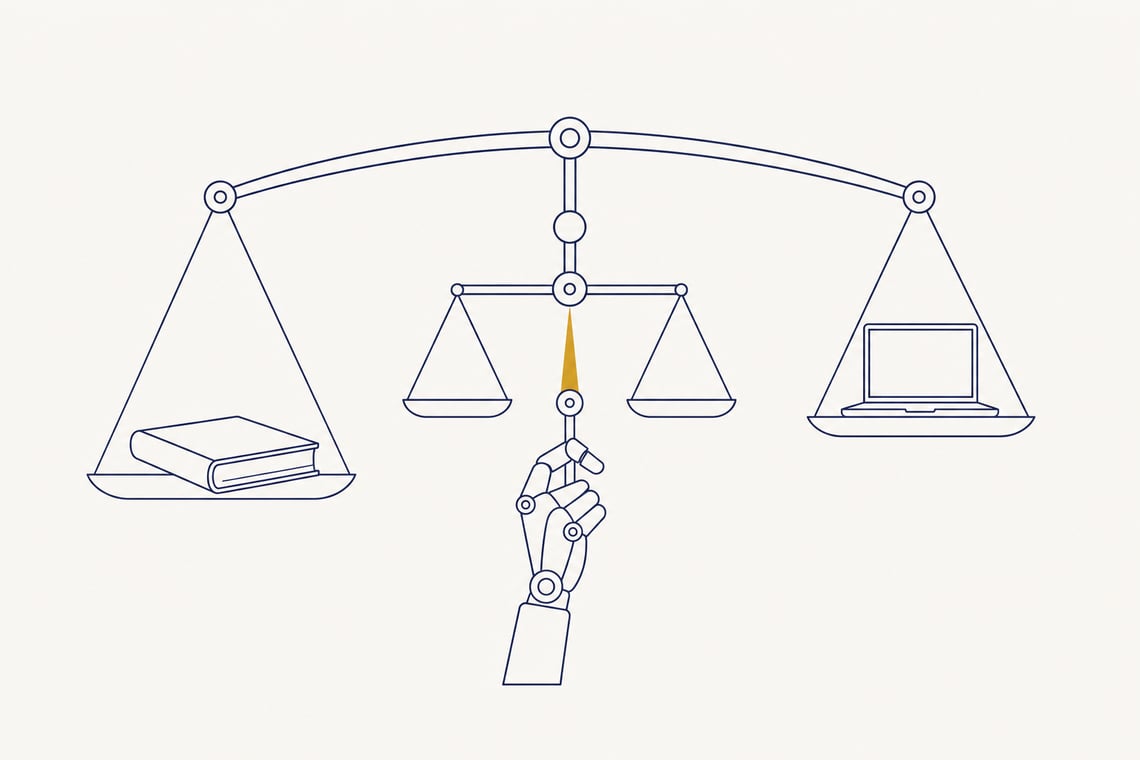 Une grande balance symbolise la recherche du chiffre : à gauche, un livre fermé repose sur un plateau légèrement abaissé ; à droite, un ordinateur sans texte porte un plateau légèrement relevé ; entre eux, une troisième petite balance est maintenue artificiellement à l’équilibre par une main mécaniq