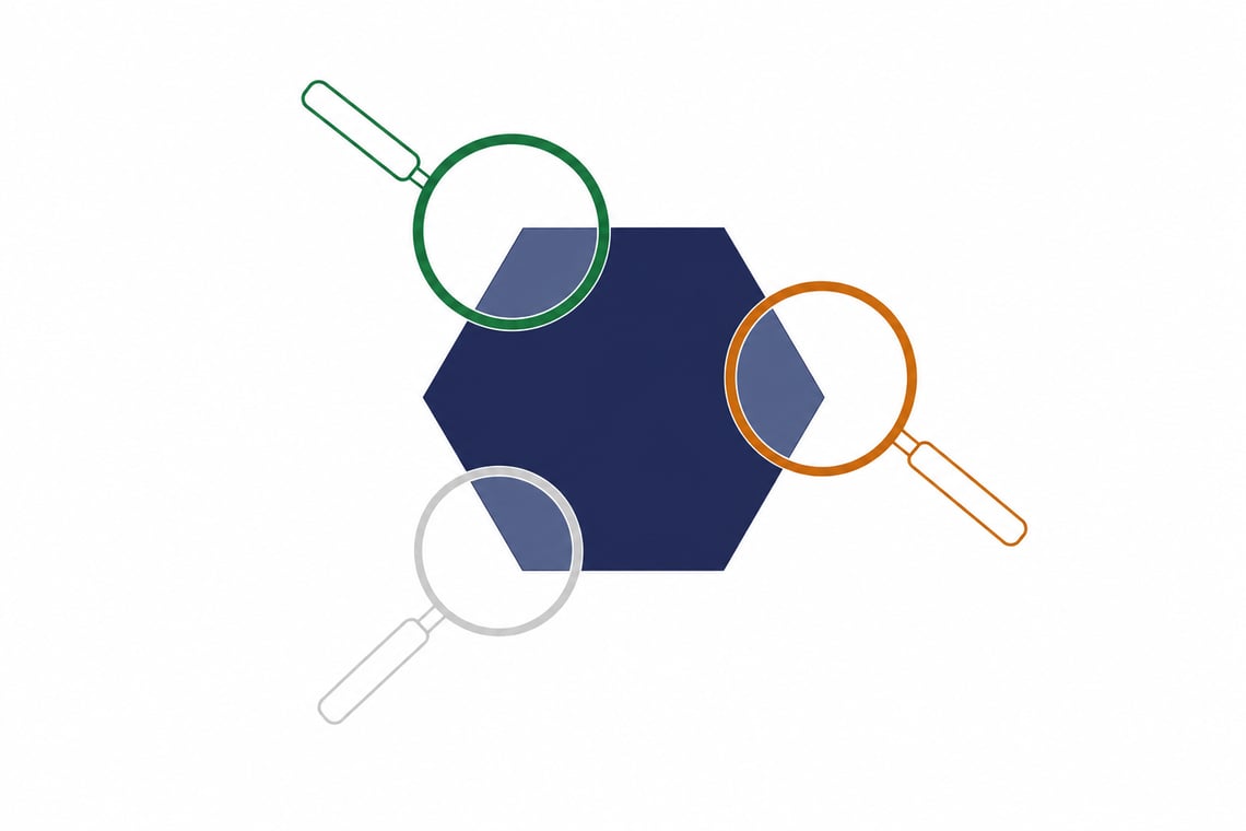 A regular hexagon in deep navy #1D2256 at the centre of the frame, about one third of the frame height, representing a country shape
