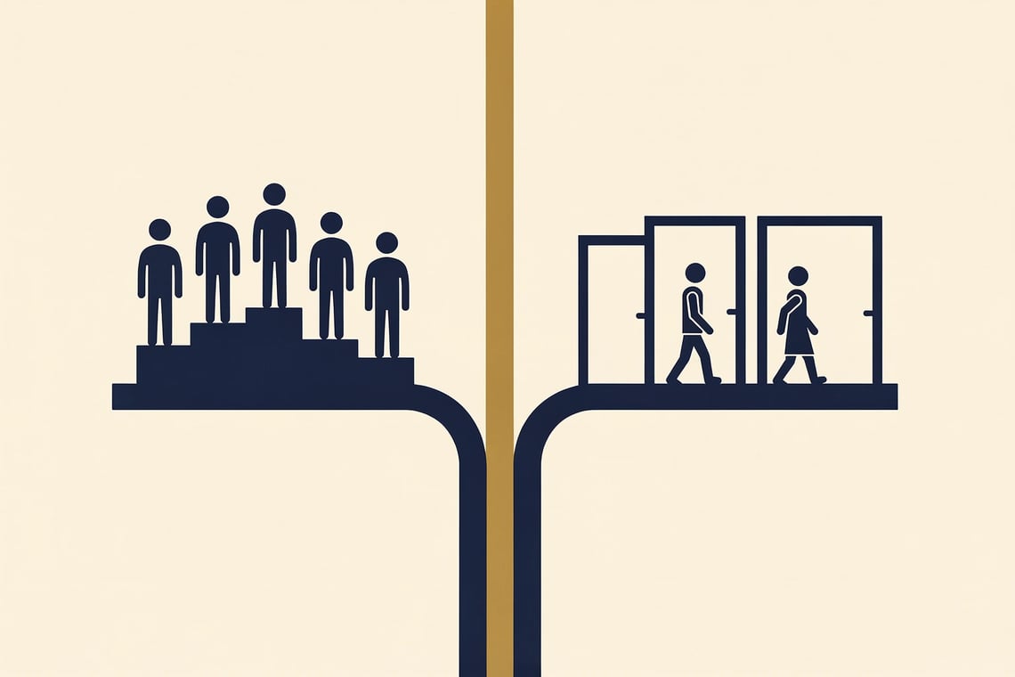 A large central human head branches into two distinct paths: on the left, five small identical heads climb a numbered-looking but textless staircase, with the tallest at the top to show ranking against peers; on the right, three small cog shapes pass through a sieve, separating one damaged cog from 