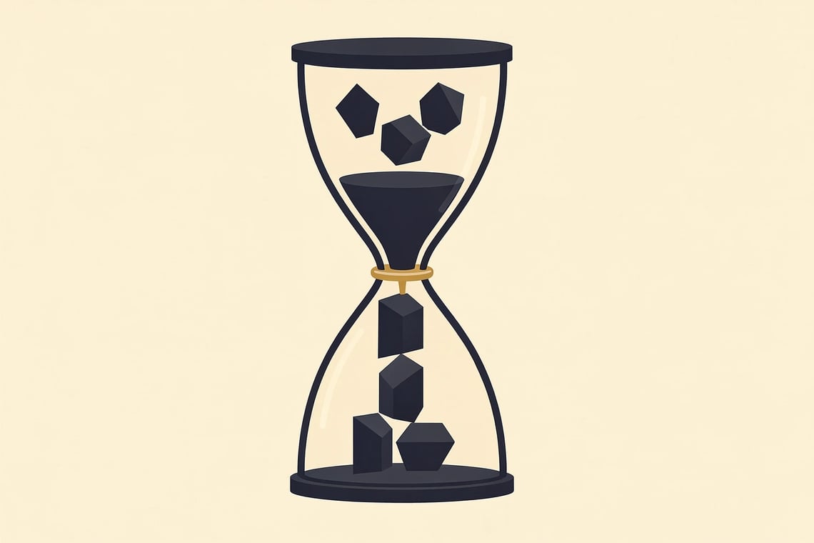 Eine Sanduhr zeigt oben verstreute Teile und unten eine stabile Säule, verbunden durch eine schmale Mitte.