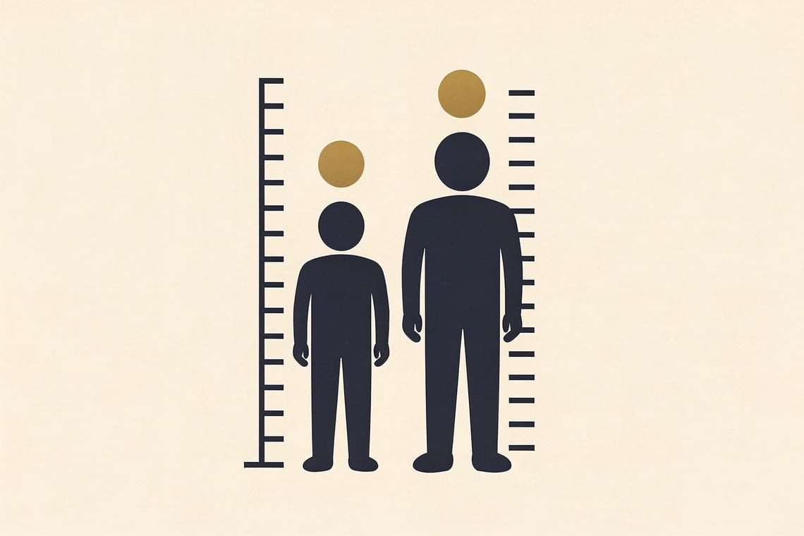 大きさの異なる二人の人物の頭上に同じ大きさの印があり、背後の測定棒だけが異なる高さを示している。