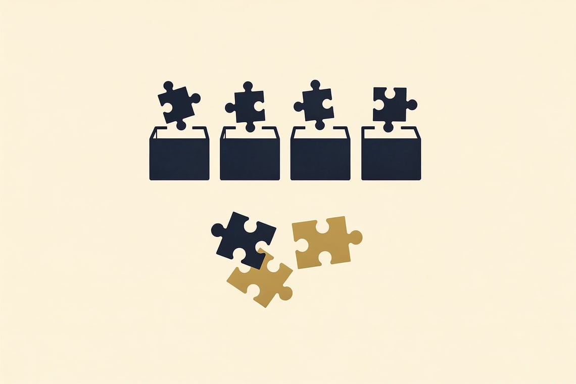 Five puzzle boxes each have one fitting piece, while three loose pieces form a new object with no matching slot.
