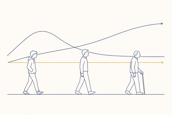 A single life-course road runs left to right through three simple human profiles: a teenager, an adult, and an older adult
