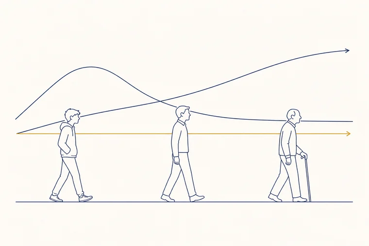 A single life-course road runs left to right through three simple human profiles: a teenager, an adult, and an older adult