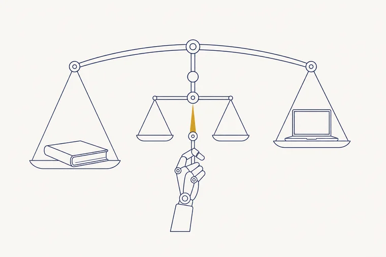 Une grande balance symbolise la recherche du chiffre : à gauche, un livre fermé repose sur un plateau légèrement abaissé ; à droite, un ordinateur sans texte porte un plateau légèrement relevé ; entre eux, une troisième petite balance est maintenue artificiellement à l’équilibre par une main mécaniq