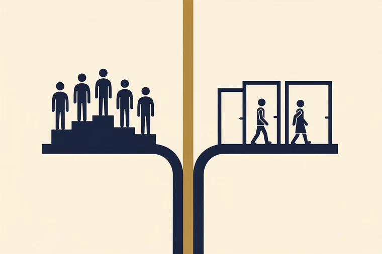 A large central human head branches into two distinct paths: on the left, five small identical heads climb a numbered-looking but textless staircase, with the tallest at the top to show ranking against peers; on the right, three small cog shapes pass through a sieve, separating one damaged cog from 