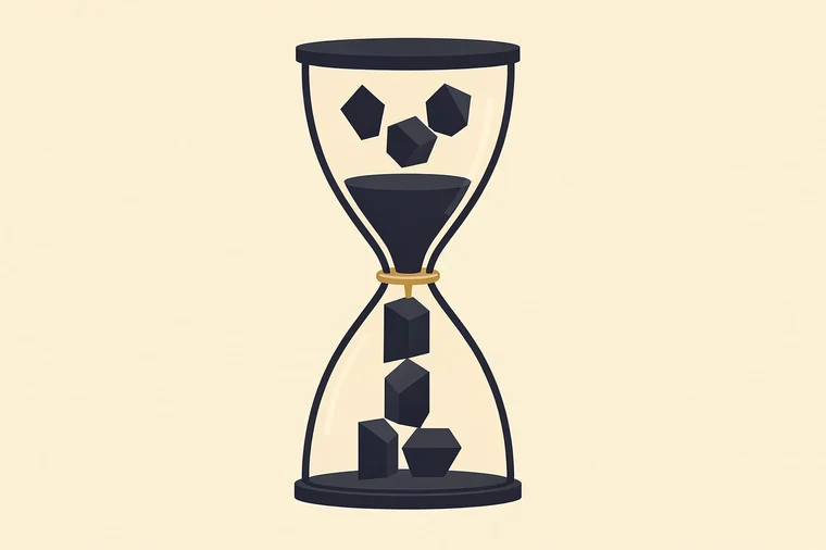 Eine Sanduhr zeigt oben verstreute Teile und unten eine stabile Säule, verbunden durch eine schmale Mitte.
