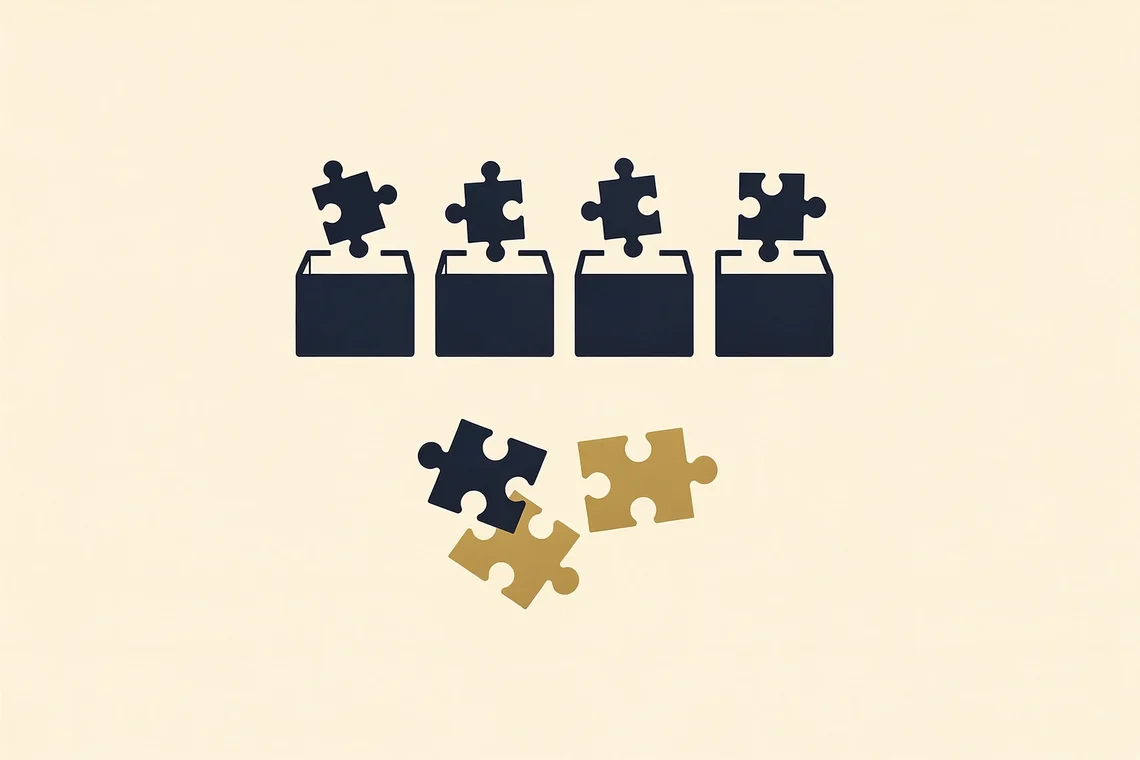 Five puzzle boxes each have one fitting piece, while three loose pieces form a new object with no matching slot.